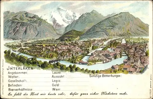Litho Interlaken Kt. Bern Schweiz, Panoramaansicht der Stadt, Berge