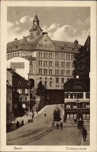 Ak Basel Bâle Stadt Schweiz, Töchterschule, Straßenbahn
