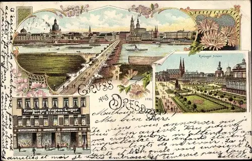 Litho Dresden Zentrum Altstadt, Zwinger, Stadtpanorama, Hamburger Engros Lager