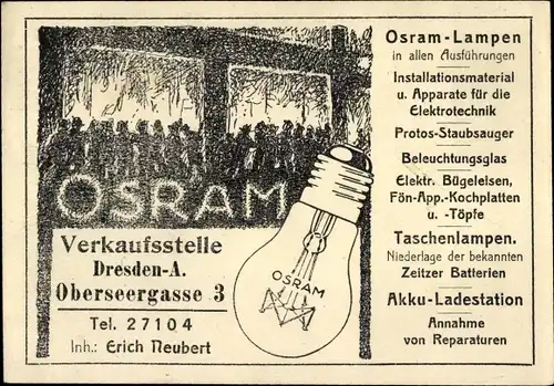 Ak Dresden Zentrum Altstadt, Verkaufsstelle für Osram Lampen, Oberseergasse 3