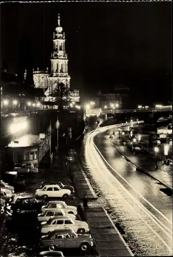 Ak Dresden Zentrum Altstadt, Brühlsche Terrasse im Winter, Nachtansicht