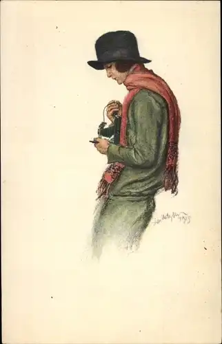 Künstler Ak Ica Cameras Projection Cinematography, Frau mit Fotoapparat, Hut, Reklame