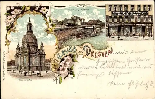 Litho Dresden Zentrum Altstadt, Italienisches Dörfchen, Frauenkirche, Hamburger Engros Lager