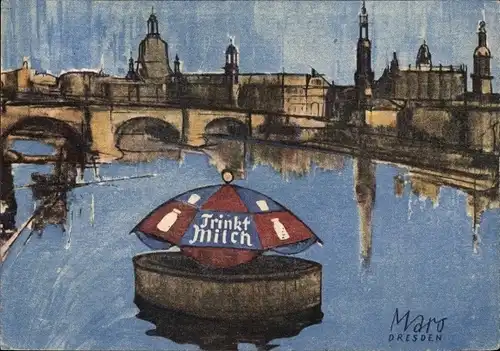 Künstler Ak Maro, Dresden, Stadtansicht, Reklame Sächsischer Milchausschuss