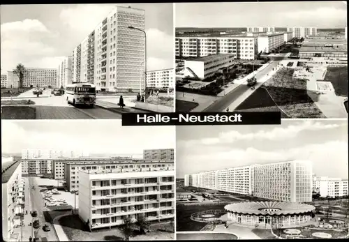 Ak Halle Neustadt, Delta Kindergarten, Autobus, Hochhäuser