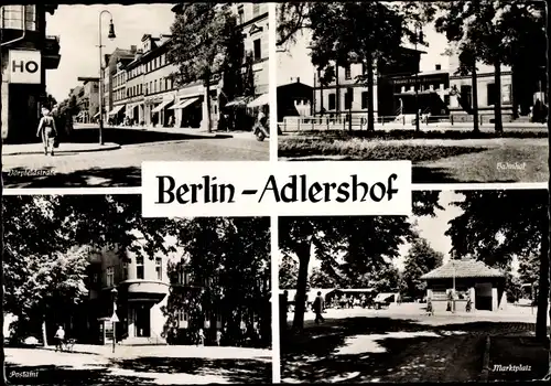Ak Berlin Treptow Adlershof, Dörpfeldstraße, HO-Geschäft, Bahnhof, Postamt, Marktplatz
