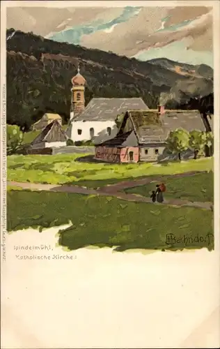 Künstler Ak Bahndorf, Spindleruv Mlýn Spindlermühle Spindelmühl Riesengebirge, Kath. Kirche