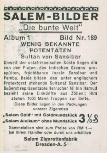 Sammelbild Die bunte Welt Album 1 Bild 189, Wenig bekannte Potentaten, Sultan von Sansibar