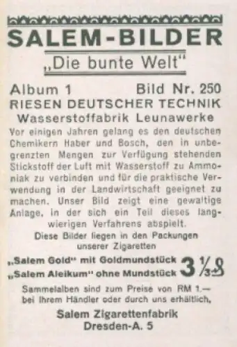 Sammelbild Die bunte Welt Album 1 Bild 250, Riesen Deutscher Technik, Wasserstofffabrik Leunawerke