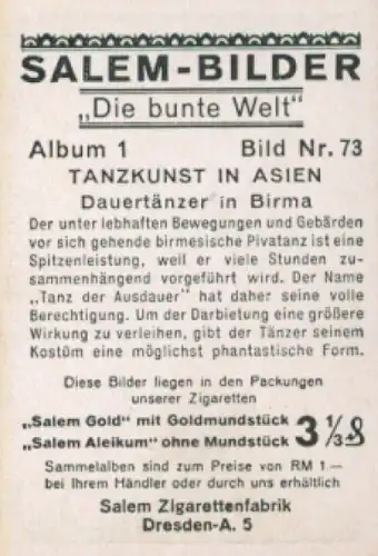 Sammelbild Die bunte Welt Album 1 Bild 73, Tanzkunst in Asien, Dauertänzer in Birma