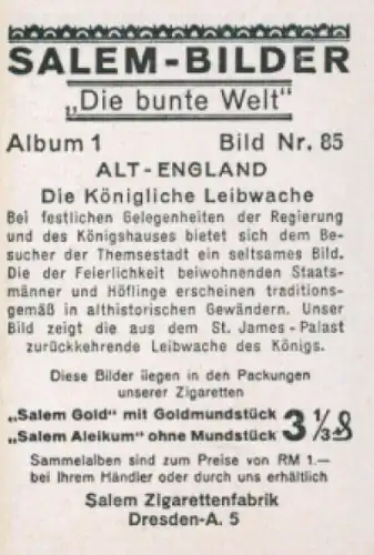 Sammelbild Die bunte Welt Album 1 Bild 85, Alt England, Königliche Leibwache