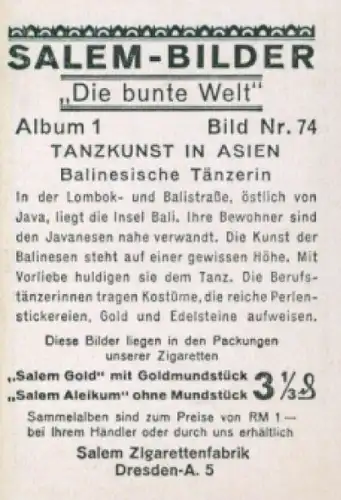 Sammelbild Die bunte Welt Album 1 Bild 74, Tanzkunst in Asien, Balinesische Tänzerin