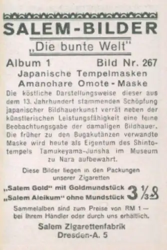 Sammelbild Die bunte Welt Album 1 Bild 267, Japanische Tempelmasken, Amanohare Omote Maske