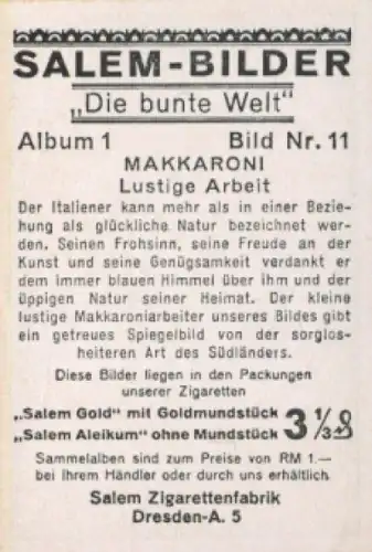 Sammelbild Die bunte Welt Album 1 Bild 11, Makkaroni, Lustige Arbeit, Italiener