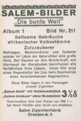 Sammelbild Die bunte Welt Album 1 Bild 211, Seltsame Gebräuche afrikan. Volksstämme, Zuluzauberer