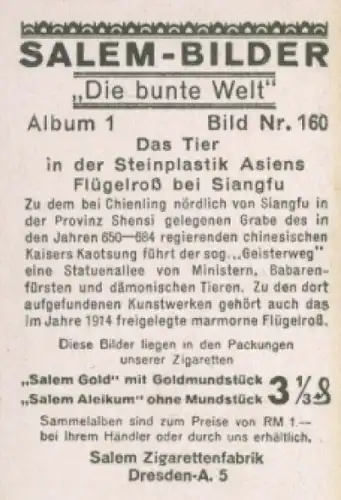 Sammelbild Die bunte Welt Album 1 Bild 160, Das Tier in der Steinplastik Asiens, Flügelross, Siangfu