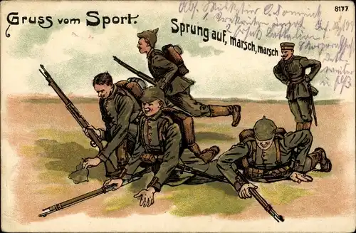 Litho Gruß vom Sport, Sprung auf, marsch, Deutsche Soldaten in Uniformen