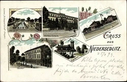 Litho Dresden Niedersedlitz, Schloss Lockwitz, Bahnhof, Lugturm, Gasthof, Oberdorf