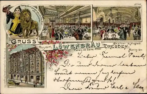 Litho Dresden Zentrum Altstadt, Gasthaus Löwenbräu, Paleis de Saxe, Kindl mit Löwe, Moritz-Straße