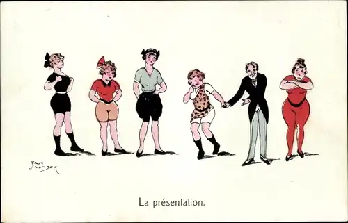 Künstler Ak Frauen in kurzen Hosen, Mann im Frack