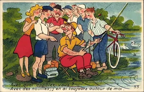 Künstler Ak Personen umringen einen Angler