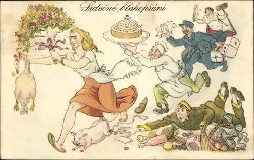 Künstler Ak Glückwunsch Geburtstag, Frau mit Blumenstrauß, Bäcker mit Torte, Postbote mit Briefen