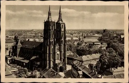 Ak Wrocław Breslau Schlesien, Blick zum Dom, Dominsel, Oderbrücken
