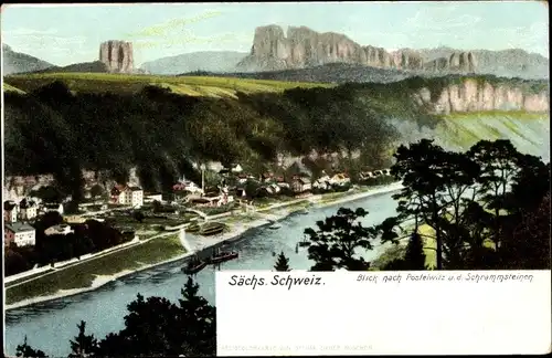 Ak Postelwitz Bad Schandau Sächsische Schweiz, Blick zum Ort u. d. Schrammsteine