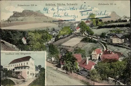 Ak Schöna Sächsische Schweiz, Gasthaus zum Erbgericht, Kaiserkrone, Zirkelstein, Ortsansicht