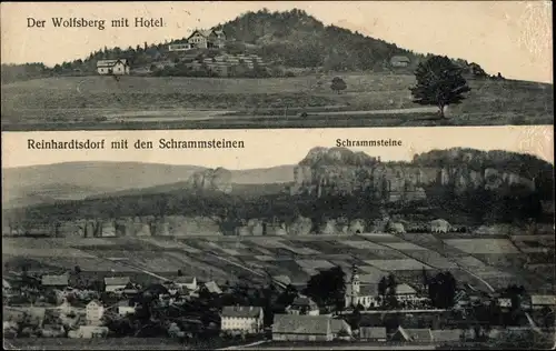 Ak Reinhardtsdorf Schöna Sächsische Schweiz, Ortsansicht mit Schrammsteinen, Wolfsberg mit Hotel