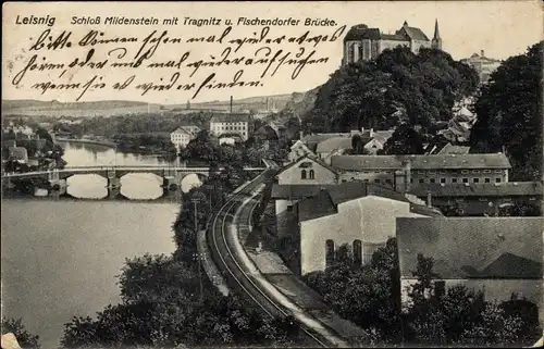 Ak Leisnig in Sachsen, Schloss Mildenstein mit Tragnitz und Fischendorfer Brücke