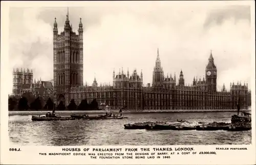 Ak London City England, Houses of Parliament from the Thames