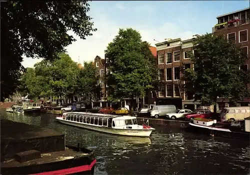 Ak Amsterdam Nordholland Niederlande, Prinsengracht met Anne Frank huis, Ausflugsschiff