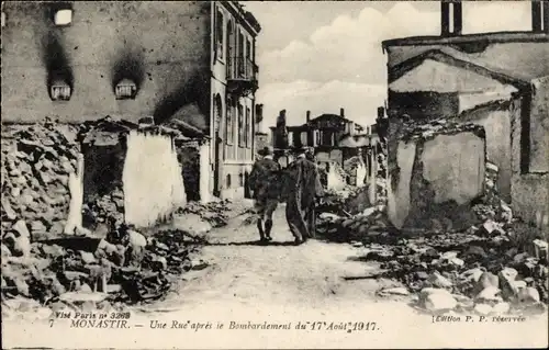 Ak Monastir Bitola Mazedonien, Eine Rue nach der Bombardierung vom 17. August 1917