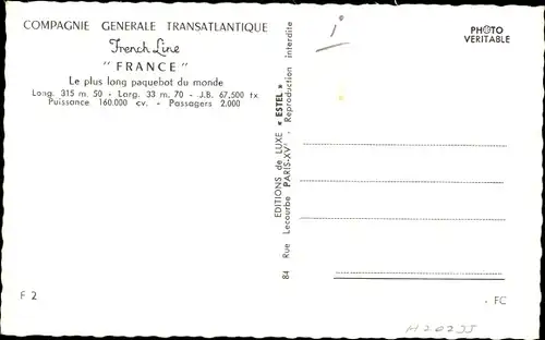 Ak Paquebot France, Compagnie Generale Transatlantique CGT, French Line