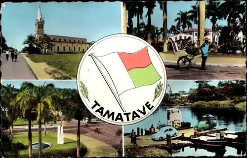 Ak Toamasina Tamatave Madagaskar, Kirche, Rikscha Fahrer, Fähre, Park, Fahne