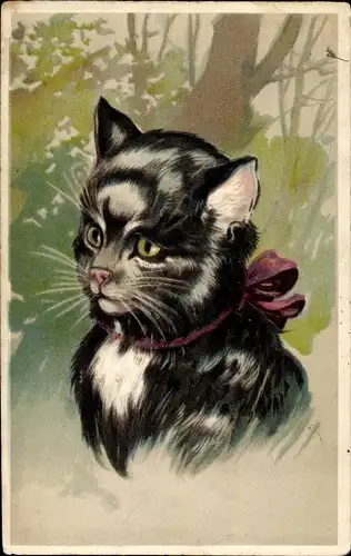 Präge Litho Schwarz weiße Katze mit Halsschleife