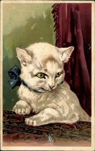 Präge Litho Weiße Katze mit Halsschleife