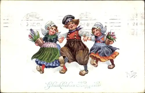 Künstler Ak Thiele, Arthur, Glückwunsch Neujahr, Kinder in Volkstrachten