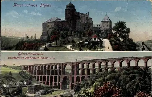 Ak Mylau Reichenbach Vogtland, Kaiserschloss, Göltzschtalbrücke