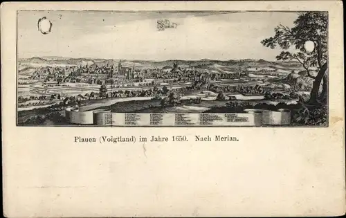 Künstler Ak Merian, Plauen im Vogtland, Im Jahre 1650, Panorama