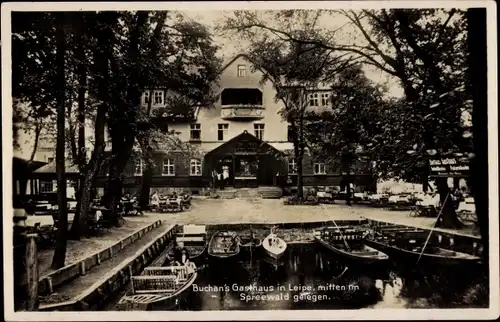 Ak Leipe Lübbenau im Spreewald, Bootsanlegestelle bei Buchans Gasthaus