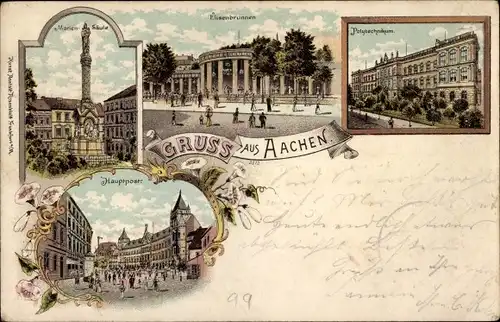 Litho Aachen in Nordrhein Westfalen, Polytechnikum, Elisenbrunnen, Marien-Säule, Hauptpost