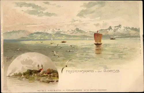 Künstler Litho Friedrichshafen am Bodensee, Segelboot, Blick zur Stadt