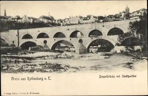 Ak Rothenburg ob der Tauber Mittelfranken, Doppelbrücke mit Stadtpartie