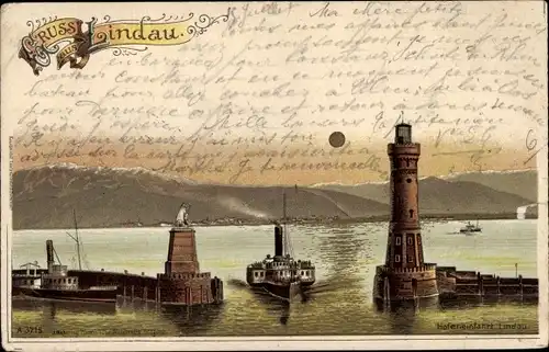 Litho Lindau am Bodensee Schwaben, Hafeneinfahrt