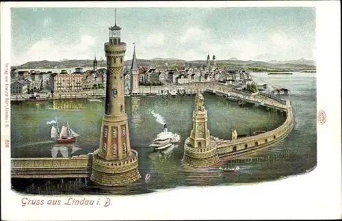 Litho Lindau am Bodensee Schwaben, Löwendenkmal an der Hafeneinfahrt, Leuchtturm