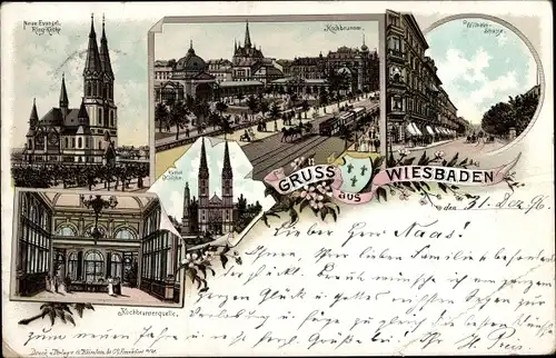 Litho Wiesbaden in Hessen, neue evangel. Ringkirche, Kochbrunnen, Wilhelmstraße, katholische Kirche