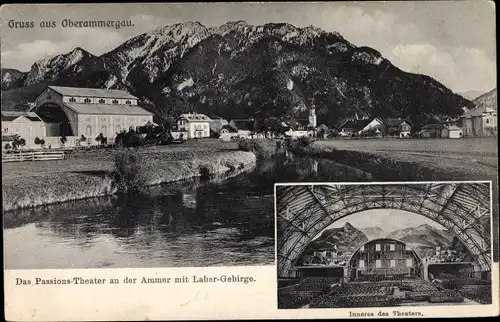 Ak Oberammergau in Oberbayern, Passions-Theater an der Ammer mit Laber-Gebirge, Inneres