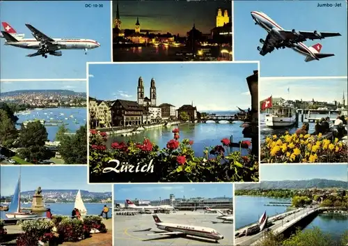 Ak Zürich Stadt Schweiz, Jumbo-Jet, DC-10-30, Ausflugsschiff, Stadtansicht, Stadt bei Nacht, Kirche